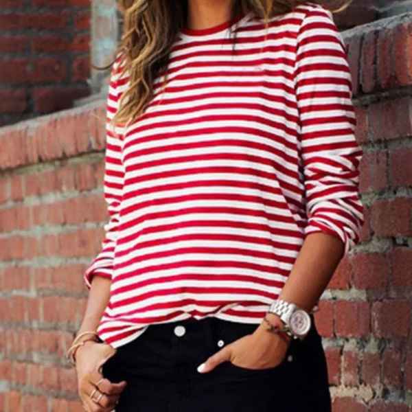 H79dae50c454244b0bbbb6cefdb81341eI.webp Dourbesty Women Red White Striped Long Sleeve T-Shirts Loose Casual Shirt Female Basic O-Neck Tops Tee Autumn Pullovers New 2025