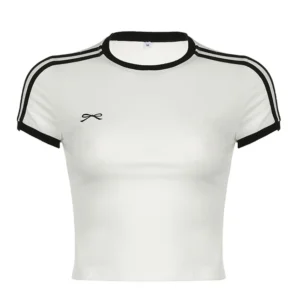 S00aef5799a1440919ce40db39fd80d08q.webp Women's Contrast Embroidered Bow Crop Top Casual Striped Print Short Sleeve Slim Fit White T-Shirt Y2K Streetwear Tees