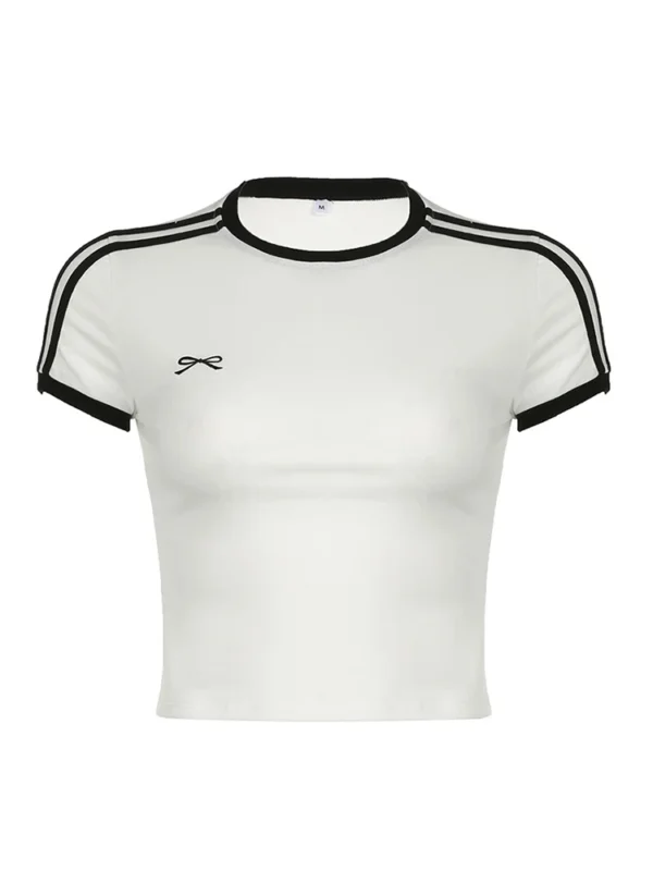 S00aef5799a1440919ce40db39fd80d08q.webp Women's Contrast Embroidered Bow Crop Top Casual Striped Print Short Sleeve Slim Fit White T-Shirt Y2K Streetwear Tees