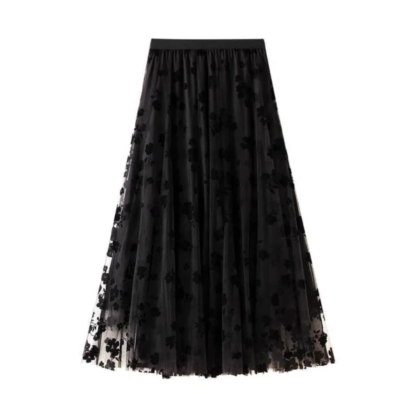 S044ab25e6c9747a9be0f863be43f3facQ.webp Elegant Floral Women Tulle Skirts High Waist Korean Flocking Pleated Midi Skirts Mesh Summer Office Ladies Skirt New