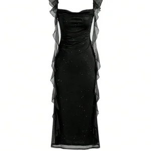 S086bcf93242d4473a61e51bdf4dac85eF.webp Women's Elegant Black Sparkle Ruffle Strap Midi Dress Evening Party Cocktail Event Formal Gathering Appropriate Garment