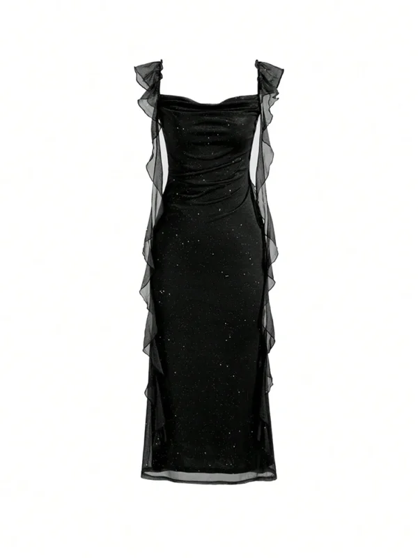 S086bcf93242d4473a61e51bdf4dac85eF.webp Women's Elegant Black Sparkle Ruffle Strap Midi Dress Evening Party Cocktail Event Formal Gathering Appropriate Garment