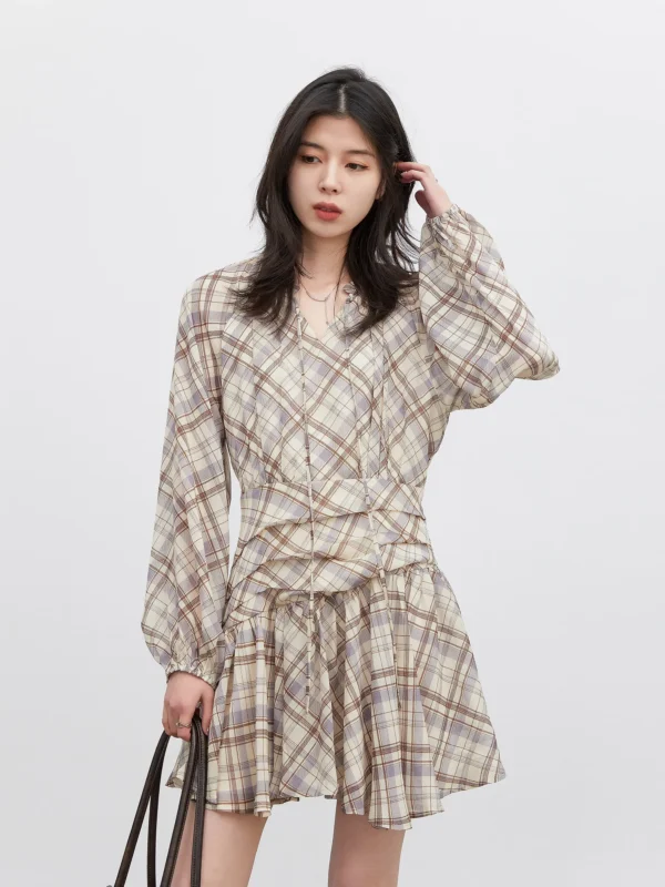 S0fb88eaf9b704c7db91b5b3e85dfde40o.webp CHIC VEN Fashion Women Dresses V Neck Loose Casual New A Line Lace Up Long Sleeved Plaid Dress Puff Sleeve Spring Autumn 2026