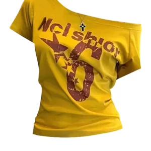 S0fbc929681ec4504ad79cce9bc3e7130g.webp Y2k Sport Summer Off shoulder Top Women Sexy Vintage 2000s Short sleeve T shirt Lady Body Basic Crop Top Female Casual