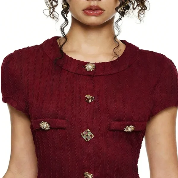 2026 New European & American Retro Elegant Burgundy Knit Cardigan - Short-Sleeve Slim Top, Versatile for Daily Outings