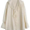 S149a95ebabe74457856d38bfe1f8606fW.webp CHIC VEN Women Shirt Loose Casual Ruffled Edges Female Blouses V Neck Lace Up Mid Length Woman Shirts Spring Summer 2026