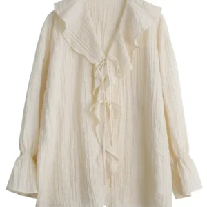 CHIC VEN Women Shirt Loose Casual Ruffled Edges Female Blouses V Neck Lace Up Mid Length Woman Shirts Spring Summer 2026