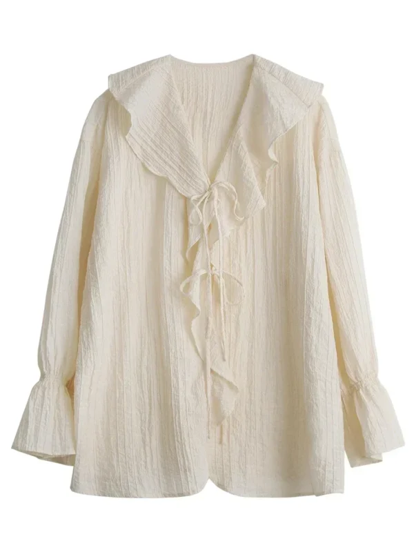 S149a95ebabe74457856d38bfe1f8606fW.webp CHIC VEN Women Shirt Loose Casual Ruffled Edges Female Blouses V Neck Lace Up Mid Length Woman Shirts Spring Summer 2026