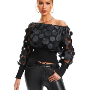 S17f0807522bd4944b8ef5642994eecd35.webp Applique Slant Shoulder Blouse, Elegant Long Sleeve Blouse For Spring & Fall Women's Clothing