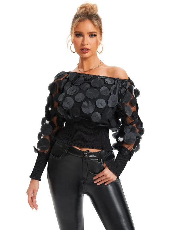 S17f0807522bd4944b8ef5642994eecd35.webp Applique Slant Shoulder Blouse, Elegant Long Sleeve Blouse For Spring & Fall Women's Clothing