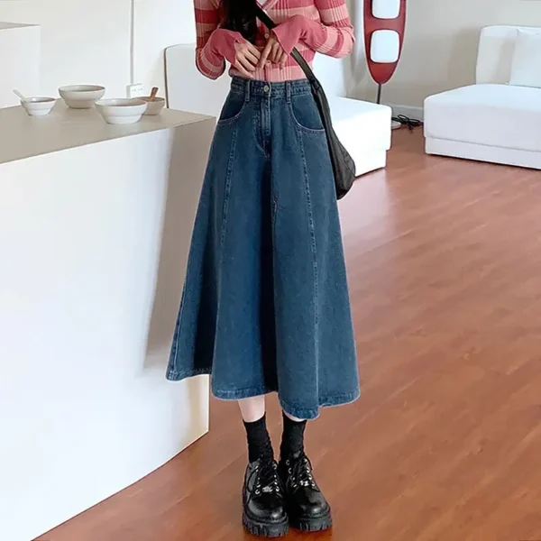 S1babb5cf7a184711a5f637038376e1fdH.webp 2024 Spring New High-waisted Slimming Medium-length Denim Skirt Pear-shaped Body A- line Umbrella Skirt For Women