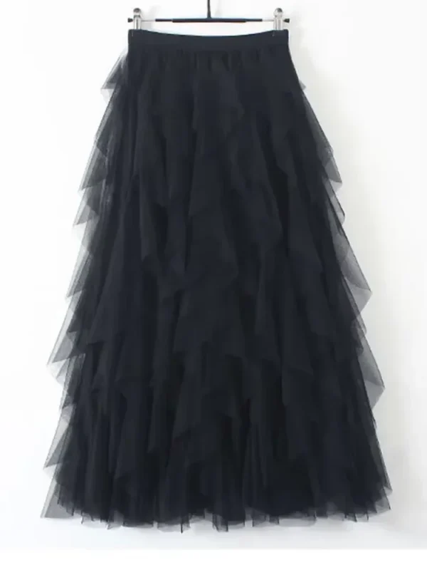 S1c24ff7189ff40faa142940034df2f51x.webp Women’s Elastic High Waist Tulle Mesh Irregular Layered Tutu Skirt Pleated A Line Long Maxi Skirt for Spring Summer
