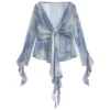 S1cdb2dfc8e394d58ac303d5a38a0db44y.webp French Blue Ruffle V-neck Long Sleeve Chiffon Shirt for Women Spring Korean Chic Tie Dye Slimming Flare Sleeve Blouse Women Tops