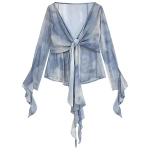 French Blue Ruffle V-neck Long Sleeve Chiffon Shirt for Women Spring Korean Chic Tie Dye Slimming Flare Sleeve Blouse Women Tops