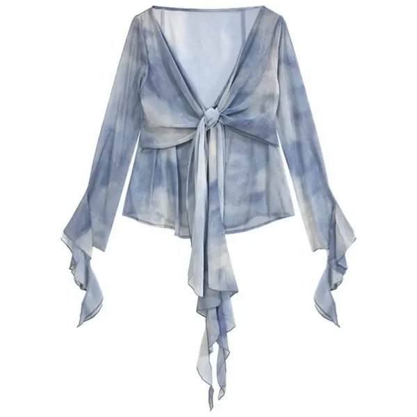 S1cdb2dfc8e394d58ac303d5a38a0db44y.webp French Blue Ruffle V-neck Long Sleeve Chiffon Shirt for Women Spring Korean Chic Tie Dye Slimming Flare Sleeve Blouse Women Tops