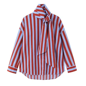 YENKYE 2026 New Women's Striped Shirt With Bow Tie Long Sleeve Loose Casual Blouse Female Fashion Tops