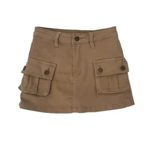 S1f3689f98df940b8b9c81101d70c5652b.webp Women Retro Khaki Cargo Mini Skirt High Waist A Line Denim Workwear Short Skirt with Pockets
