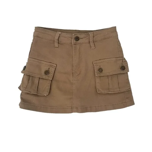 S1f3689f98df940b8b9c81101d70c5652b.webp Women Retro Khaki Cargo Mini Skirt High Waist A Line Denim Workwear Short Skirt with Pockets
