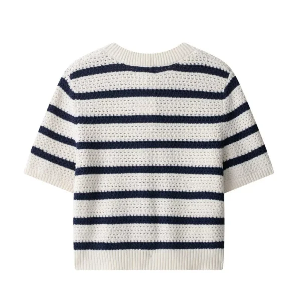 S24013be5056e41dbbde49a6add03c1ffd.webp Women Vintage Striped Knit Cardigan Short Sleeves Single Breasted O-Neck Button-up Sweater Summer Casual Tops
