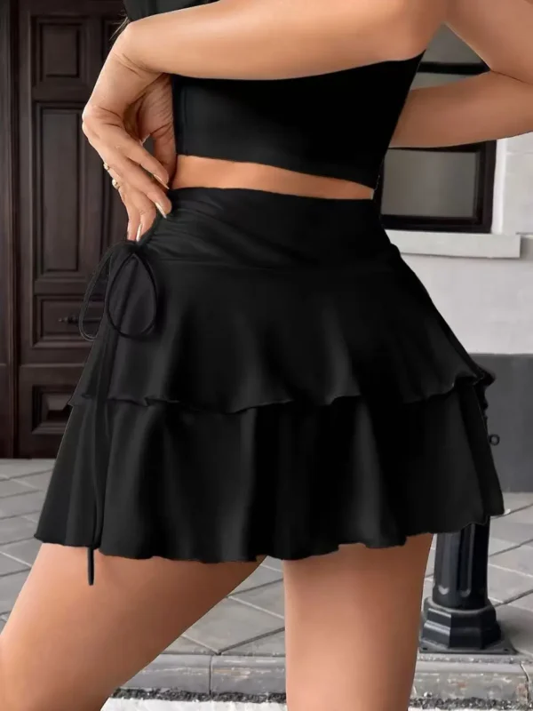 S2ac604193f77488dbcf47be0423b0b76n.webp Drawstring And Fold Detail Solid Color Cake Skirt, Spring/Summer, Party Skirt, Beach Skirt, Summer Vacation Outfits