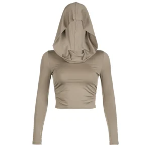 S2ff807ab88604aa49271d82cde87be0fH.webp Women's Hooded Crop Tops Autumn Solid Color Long Sleeve Cowl Neck Slim Fit Short T-Shirt Streetwear Sporty Basics Tees