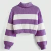 S32591cab47024f4baedc28c0c409c5bfs.webp Women's Cropped Turtleneck Sweater Purple White Striped Gold Moon Embroidered Knit Top Fashionable Warm Clothing