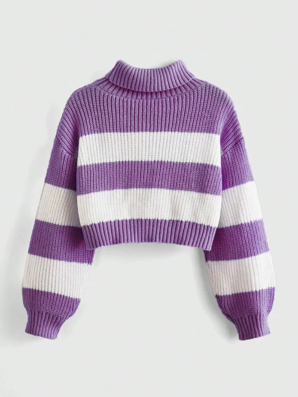 S32591cab47024f4baedc28c0c409c5bfs.webp Women's Cropped Turtleneck Sweater Purple White Striped Gold Moon Embroidered Knit Top Fashionable Warm Clothing