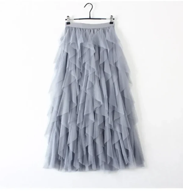 S3a21ae697b614090b2a1f72756c69de3L.webp Women’s Elastic High Waist Tulle Mesh Irregular Layered Tutu Skirt Pleated A Line Long Maxi Skirt for Spring Summer