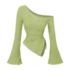 S3bb07f5e0b3945f6a0c30f7a5f749a60I.webp women's New off shoulder cross long sleeved slim fit casual street style asymmetrical elegant T-shirt trumpet sleeve top