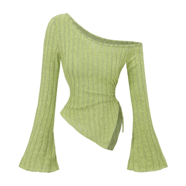 S3bb07f5e0b3945f6a0c30f7a5f749a60I.webp women's New off shoulder cross long sleeved slim fit casual street style asymmetrical elegant T-shirt trumpet sleeve top