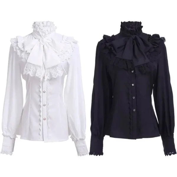 S3cb7472438c64c5a9576f0468ad1dce96.webp Women's Vintage Ruffle Collar Shirt 2026 Spring New Arrival High Neck Lace Trim Button Down Shirt Elegant Gothic Blouse Tops