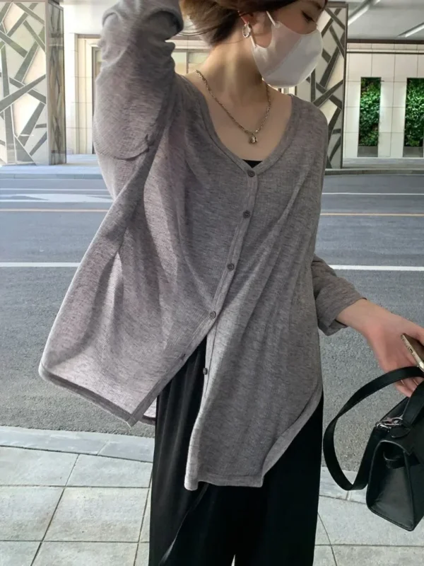 S3fb619d9eae740dc88a7b5fb52f97375z.webp Women's Cardigan New V-neck Long Sleeved Female Shirt Female Jumpers Sun Protection Woman Top Spring Summer Knitted Cardigan