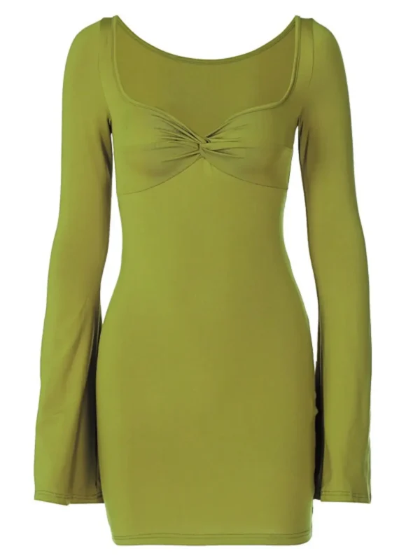 S4020a872e2f84d9192eed31535c66955u.webp Women's Long Sleeve Ruched Bodycon Dresses Bell Sleeve Sexy Square Neck LowCut Cocktail Club Party Mini Short Dress