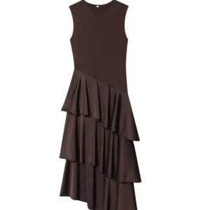 S418351b7a3ee410f854081f54cd42585k.webp Women MIDI Tank Dress 2026 Summer Fashion Solid O-Neck Sleeveless Cascading Ruffle Female Elegant Street Dresses Clothes