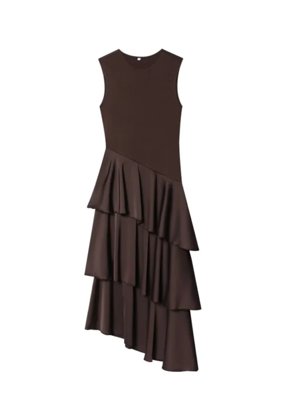 S418351b7a3ee410f854081f54cd42585k.webp Women MIDI Tank Dress 2026 Summer Fashion Solid O-Neck Sleeveless Cascading Ruffle Female Elegant Street Dresses Clothes