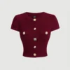 2026 New European & American Retro Elegant Burgundy Knit Cardigan - Short-Sleeve Slim Top, Versatile for Daily Outings