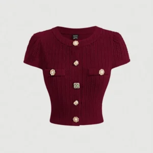 S426f3b63350a4087977fbb65c145c50f5.webp 2026 New European & American Retro Elegant Burgundy Knit Cardigan - Short-Sleeve Slim Top, Versatile for Daily Outings
