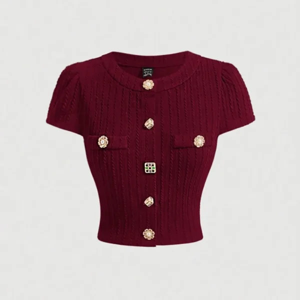 2026 New European & American Retro Elegant Burgundy Knit Cardigan - Short-Sleeve Slim Top, Versatile for Daily Outings