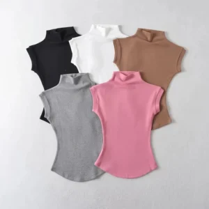 S46afec2c7b0d479e9fa3495ed3c7103aQ.webp Women Summer Sexy Turtleneck Sleeveless T-Shirts Tops Solid Slim Fit Pullovers Causal Tees Shirts Female Streetwear Basics Tees