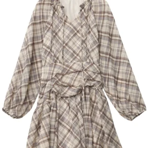 S4c2118aad3754b1e98c3480885b627cb7.webp CHIC VEN Fashion Women Dresses V Neck Loose Casual New A Line Lace Up Long Sleeved Plaid Dress Puff Sleeve Spring Autumn 2026