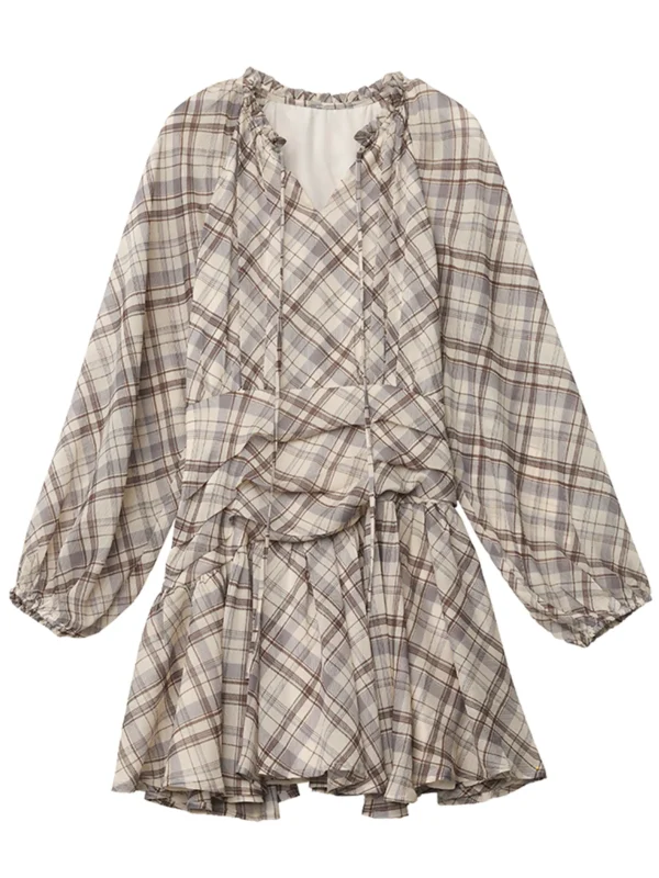 S4c2118aad3754b1e98c3480885b627cb7.webp CHIC VEN Fashion Women Dresses V Neck Loose Casual New A Line Lace Up Long Sleeved Plaid Dress Puff Sleeve Spring Autumn 2026