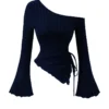 S4cb1fe9e878b463aa2abd70d4c2bb965B.webp women's New off shoulder cross long sleeved slim fit casual street style asymmetrical elegant T-shirt trumpet sleeve top