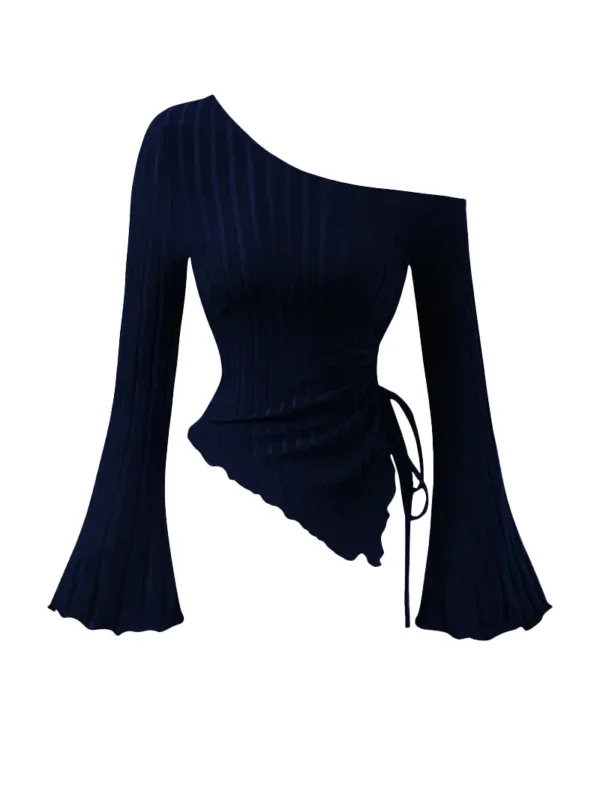 S4cb1fe9e878b463aa2abd70d4c2bb965B.webp women's New off shoulder cross long sleeved slim fit casual street style asymmetrical elegant T-shirt trumpet sleeve top