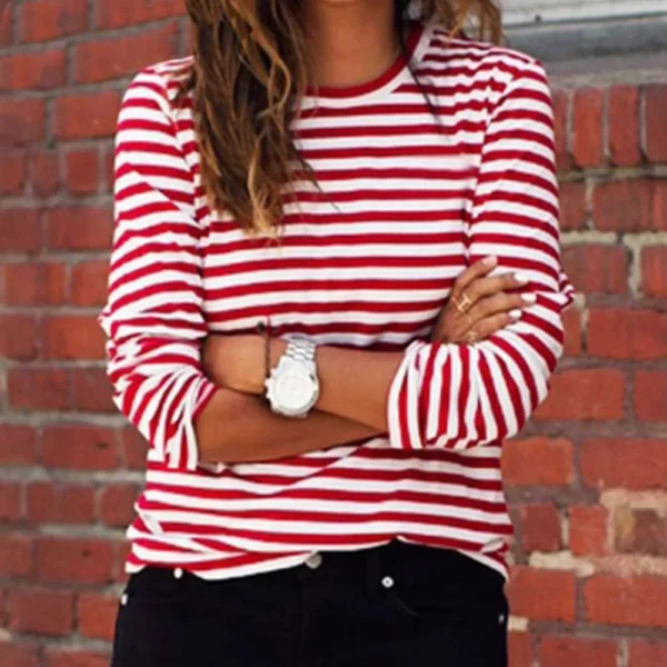S5f32aedd773a41238ddc8be9e8a3672d3.webp Dourbesty Women Red White Striped Long Sleeve T-Shirts Loose Casual Shirt Female Basic O-Neck Tops Tee Autumn Pullovers New 2025