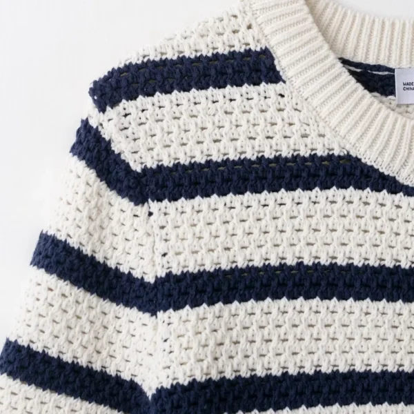 S625b68f318b544008f13b3eca2e74392S.webp Women Vintage Striped Knit Cardigan Short Sleeves Single Breasted O-Neck Button-up Sweater Summer Casual Tops