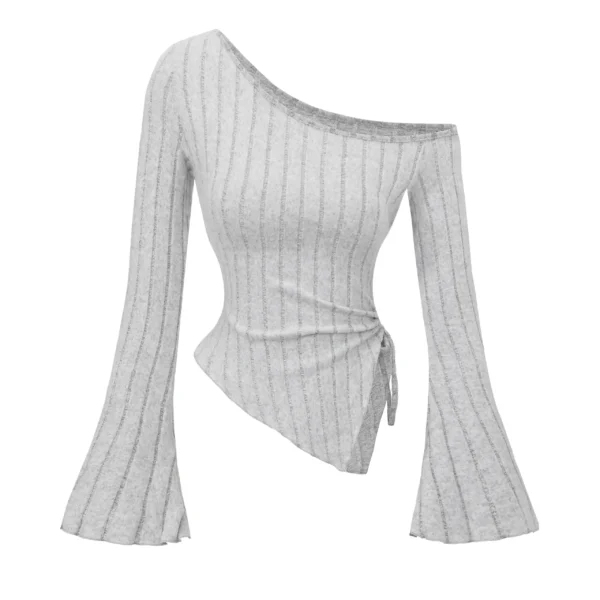 S631e71afd5e340aab2377e1b778e2e40i.webp women's New off shoulder cross long sleeved slim fit casual street style asymmetrical elegant T-shirt trumpet sleeve top