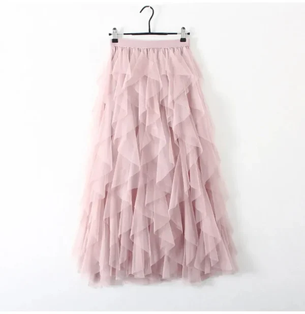 S6494cb9745eb4187bf26a1d6be3b4f24x.webp Women’s Elastic High Waist Tulle Mesh Irregular Layered Tutu Skirt Pleated A Line Long Maxi Skirt for Spring Summer
