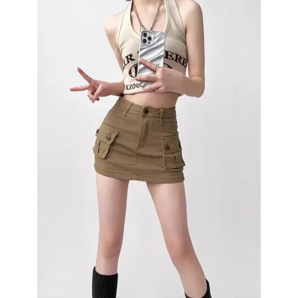 S68bbddee420046649f8b9e3432d1164cr.webp Women Retro Khaki Cargo Mini Skirt High Waist A Line Denim Workwear Short Skirt with Pockets