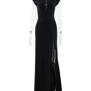S69a7fcadc3a34cfe9ca50786a8191f06U.webp CNYISHE Short Sleeve O Neck Women Dresses Split Metal Buckle Solid Sheath Sexy Club Fashion Evening Party Outfits Female Bodycon