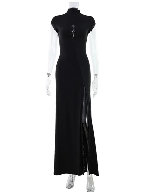 S69a7fcadc3a34cfe9ca50786a8191f06U.webp CNYISHE Short Sleeve O Neck Women Dresses Split Metal Buckle Solid Sheath Sexy Club Fashion Evening Party Outfits Female Bodycon